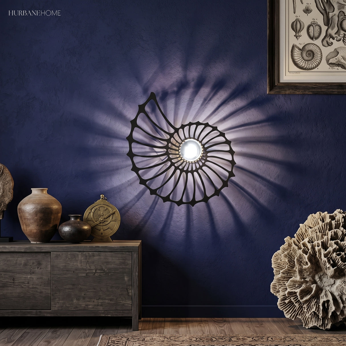 Nautilus shell wall light on a purple wall with decor