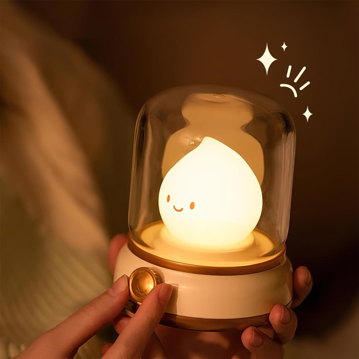 Fingers turning the brass coloured dimmer knob on the base of the night light