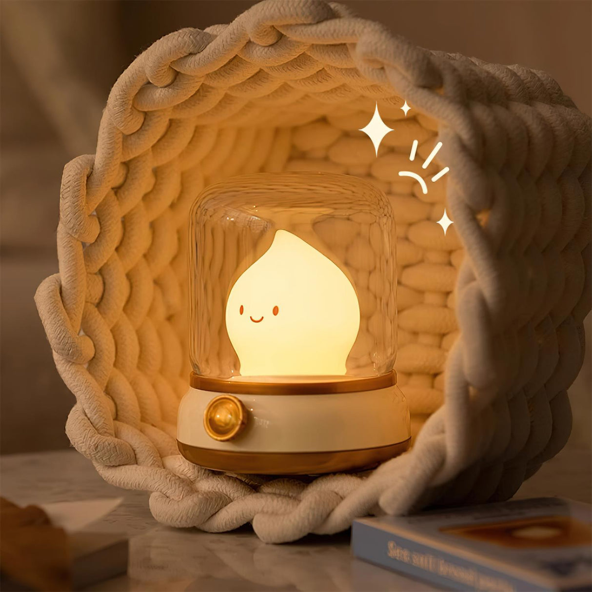 Night light glowing inside a coiled knitted basket on a pale surface