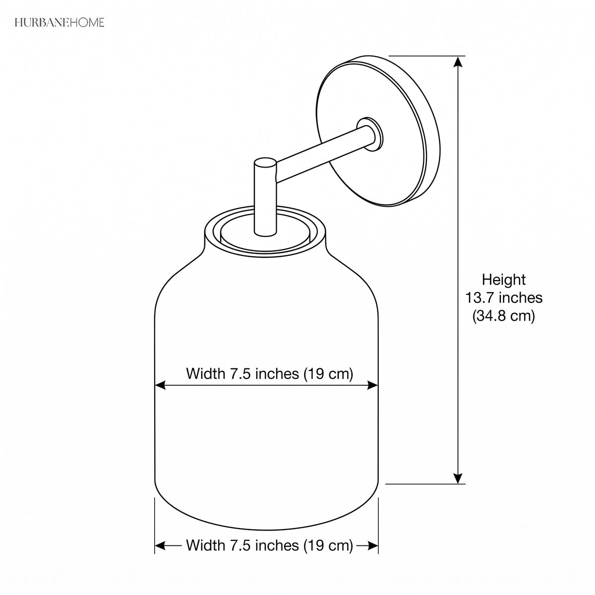 Diagram showing sconce width 7.5 inches and height 13.7 inches
