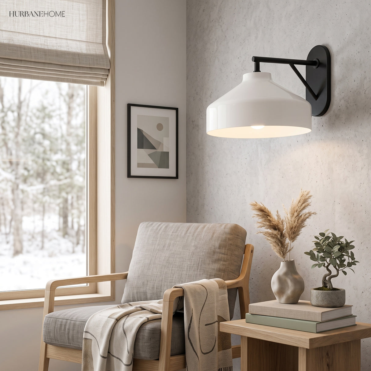 Black arm sconce with white shade beside a woven blind and armchair