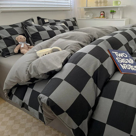 Nordic Plaid Cotton Bedding Set - Soft Cotton Duvet Cover with Pillowcases & Sheet - Hurbane Home