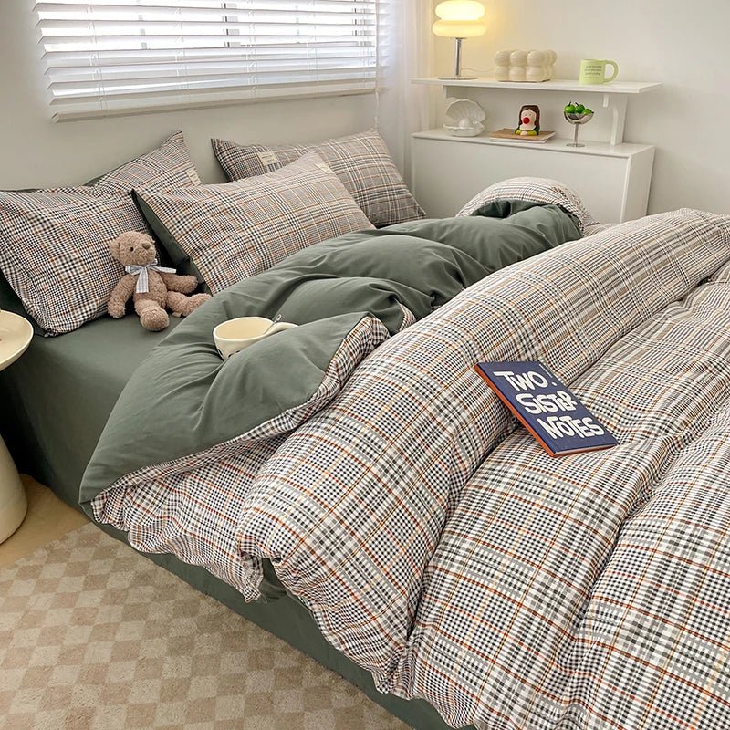 Nordic Plaid Cotton Bedding Set - Soft Cotton Duvet Cover with Pillowcases & Sheet - Hurbane Home