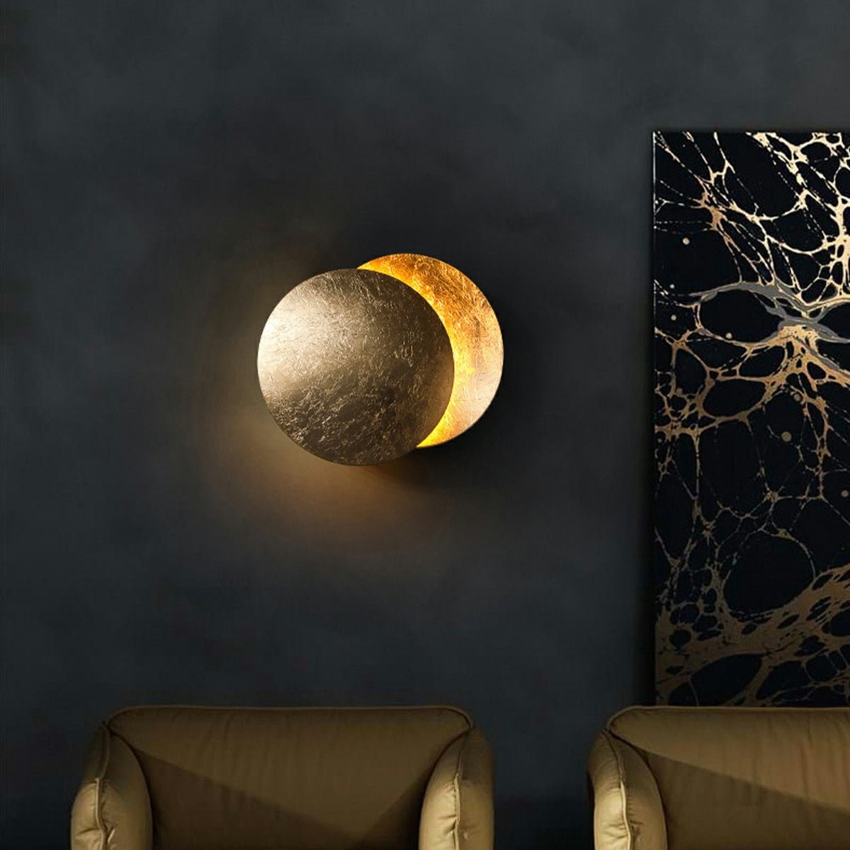 Moon disc modern wall sconce detail view 3 showing finish and construction