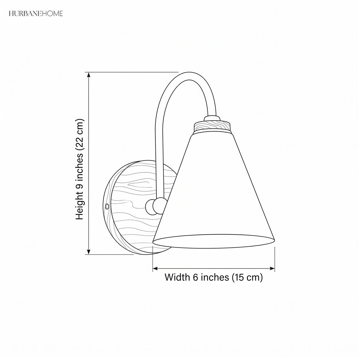 Line drawing of the cone shade sconce with width and height labels