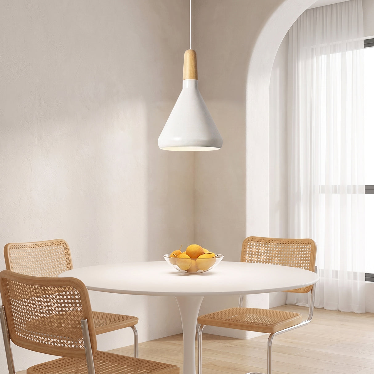 White tapered aluminum pendant shade with a natural wood top on a white cord