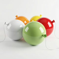 Five balloon shades laid out with their pull cords and cables