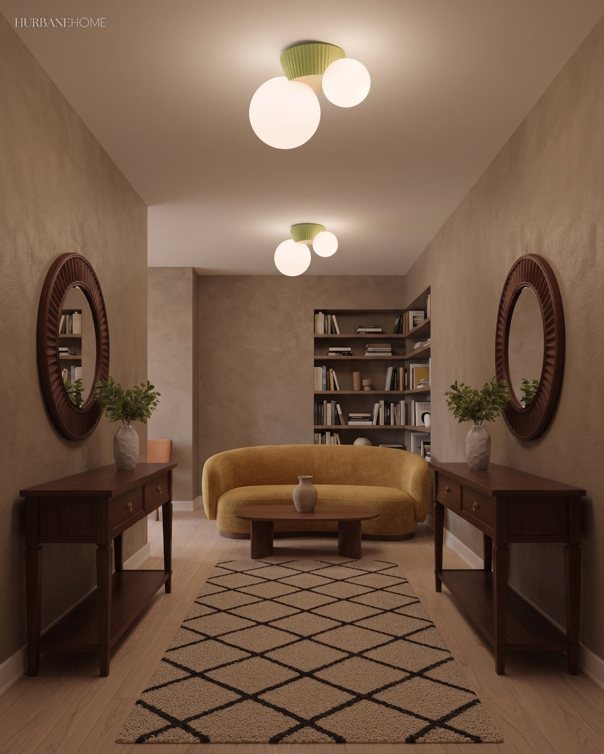 Ceiling light with two opal globes lit in a hallway between two mirrored consoles