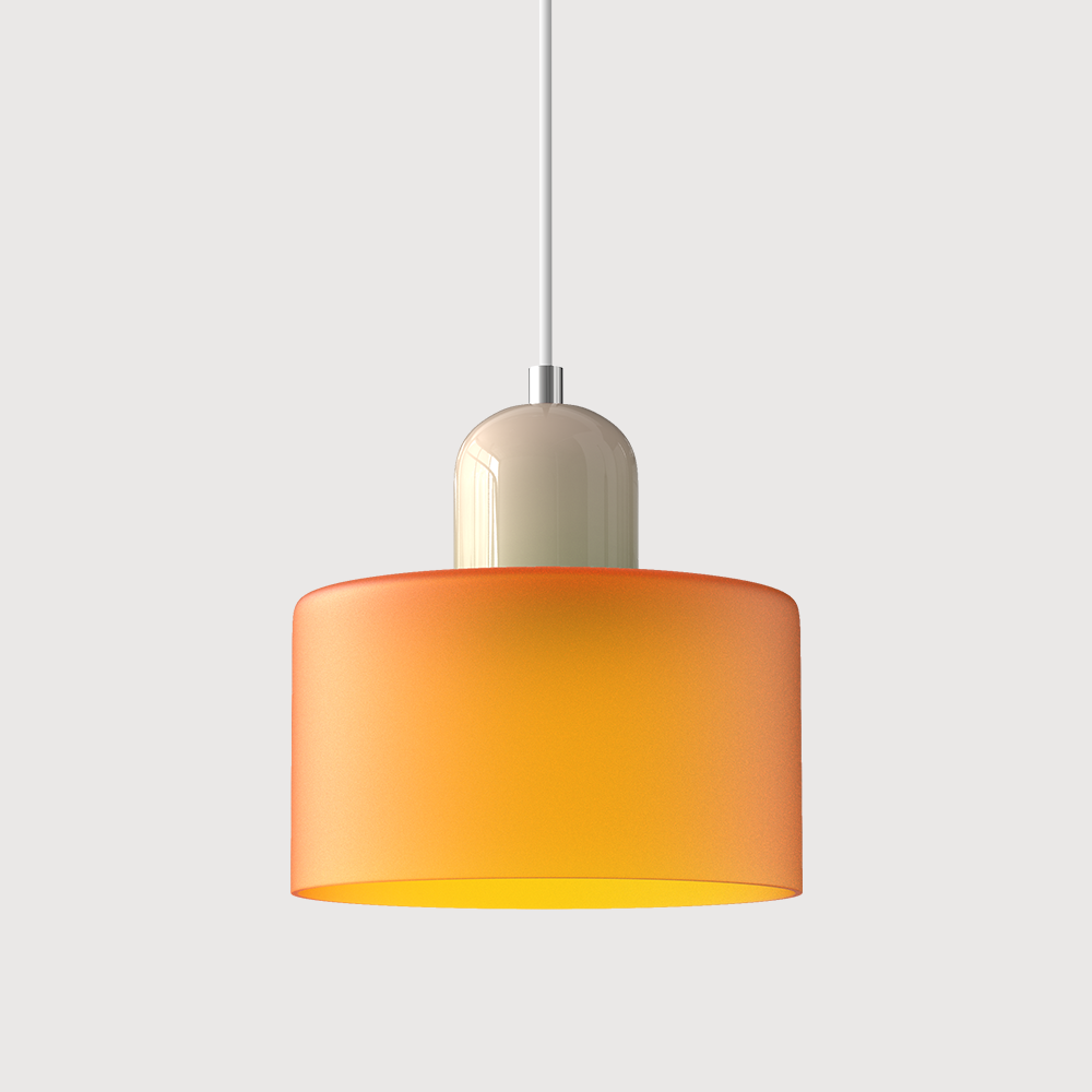 Orange glass pendant light with a beige base, front view