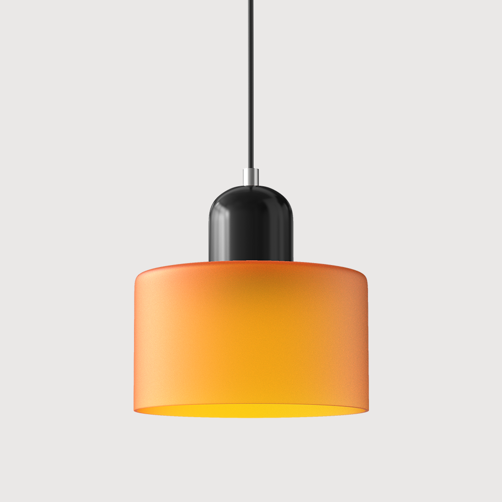 Orange glass pendant light with a black base, front view