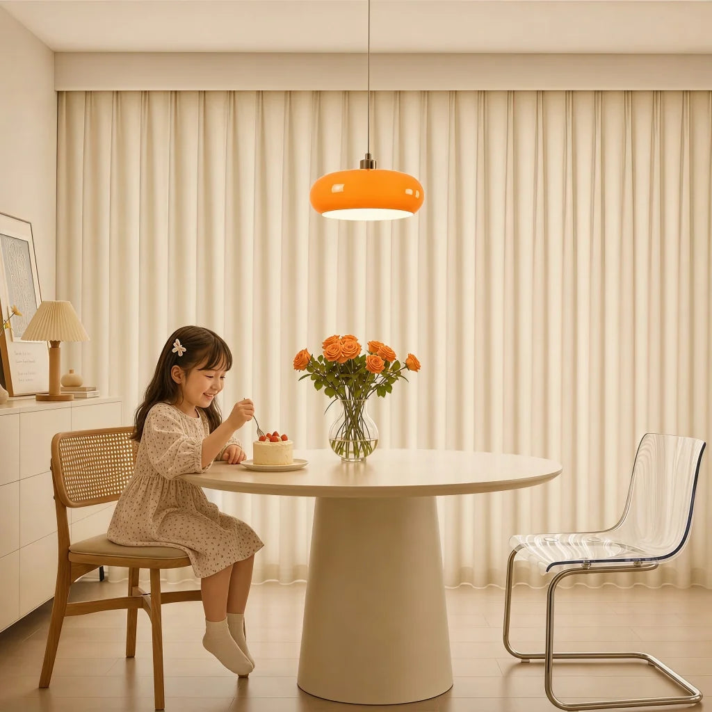 Child eating cake at a round table under a glowing orange glass pendant light