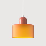 Orange glass pendant light with a pink base, front view