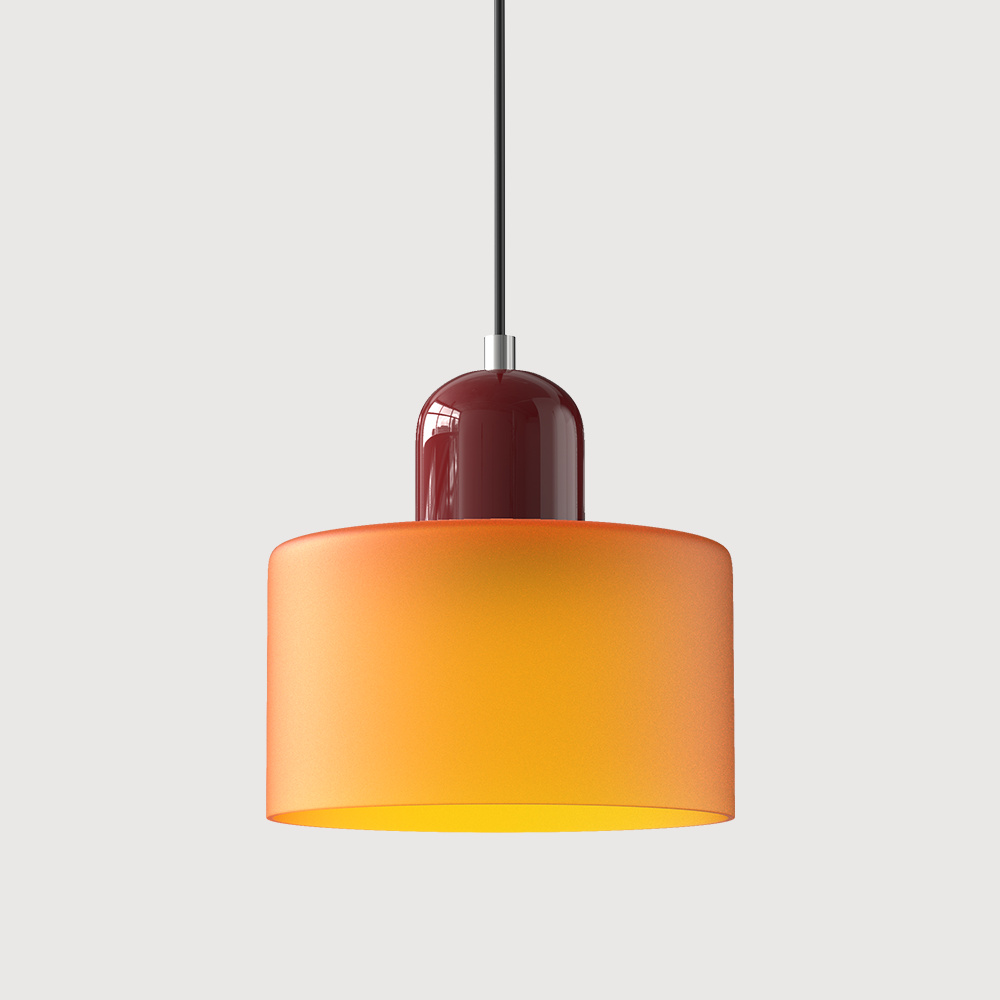 Orange glass pendant light with a red base, front view