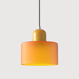 Orange glass pendant light with a yellow base, front view