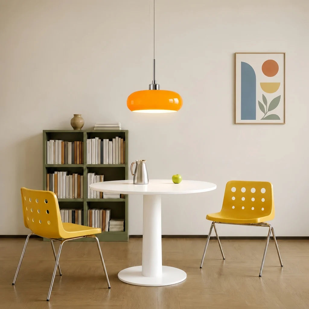 Orange lit glass pendant light over a white table by a bookshelf