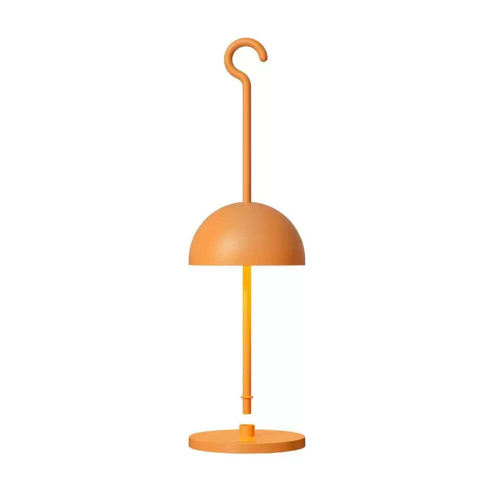 Orange cordless table lamp with metal dome and hook, full front product view