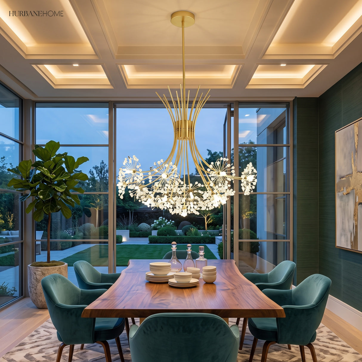 Gold dandelion chandelier over a dining table by a window