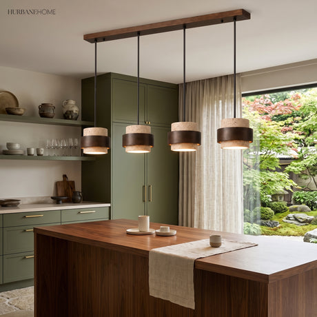 Travertine pendant light with wood band over a kitchen island