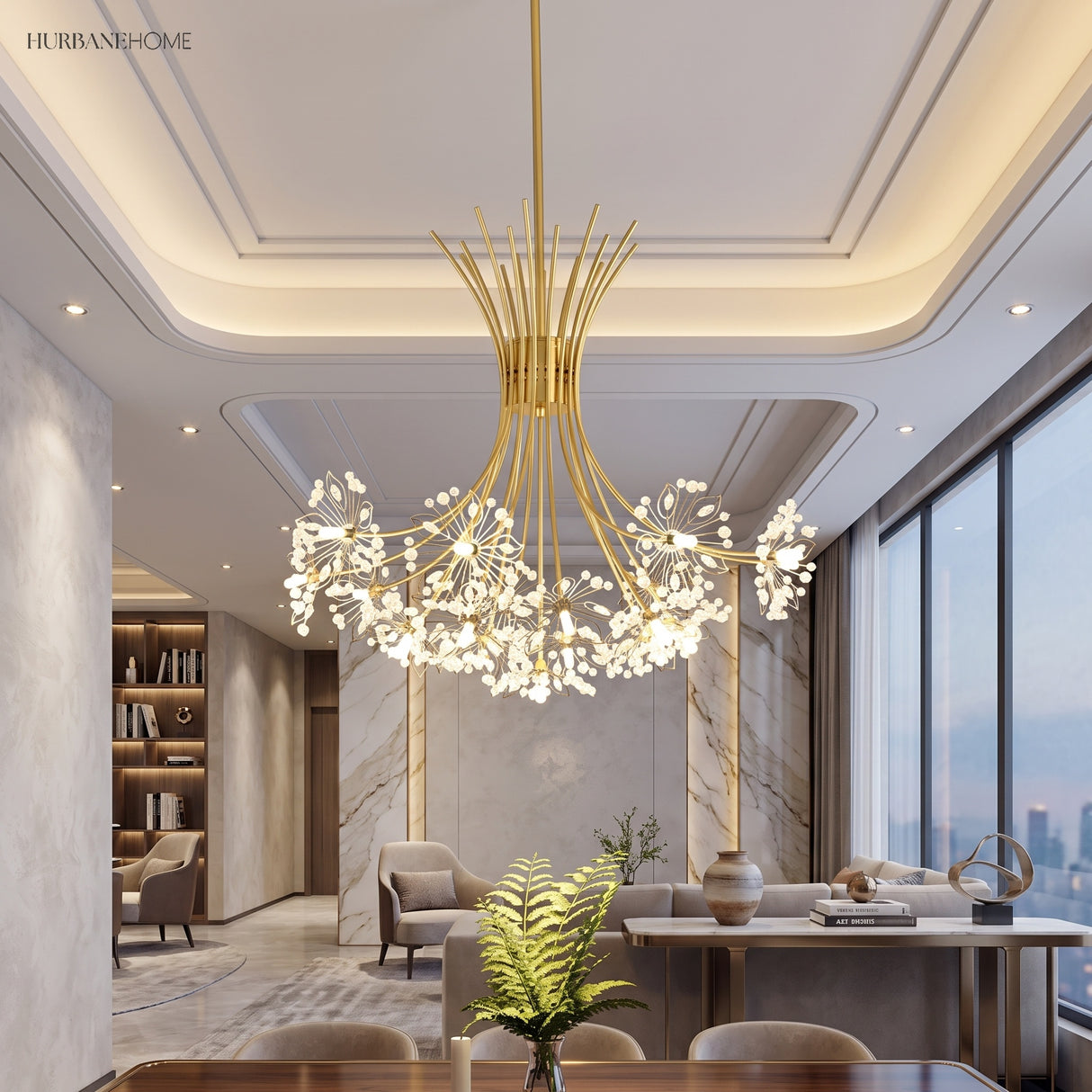 Gold sputnik chandelier in a bright modern living room