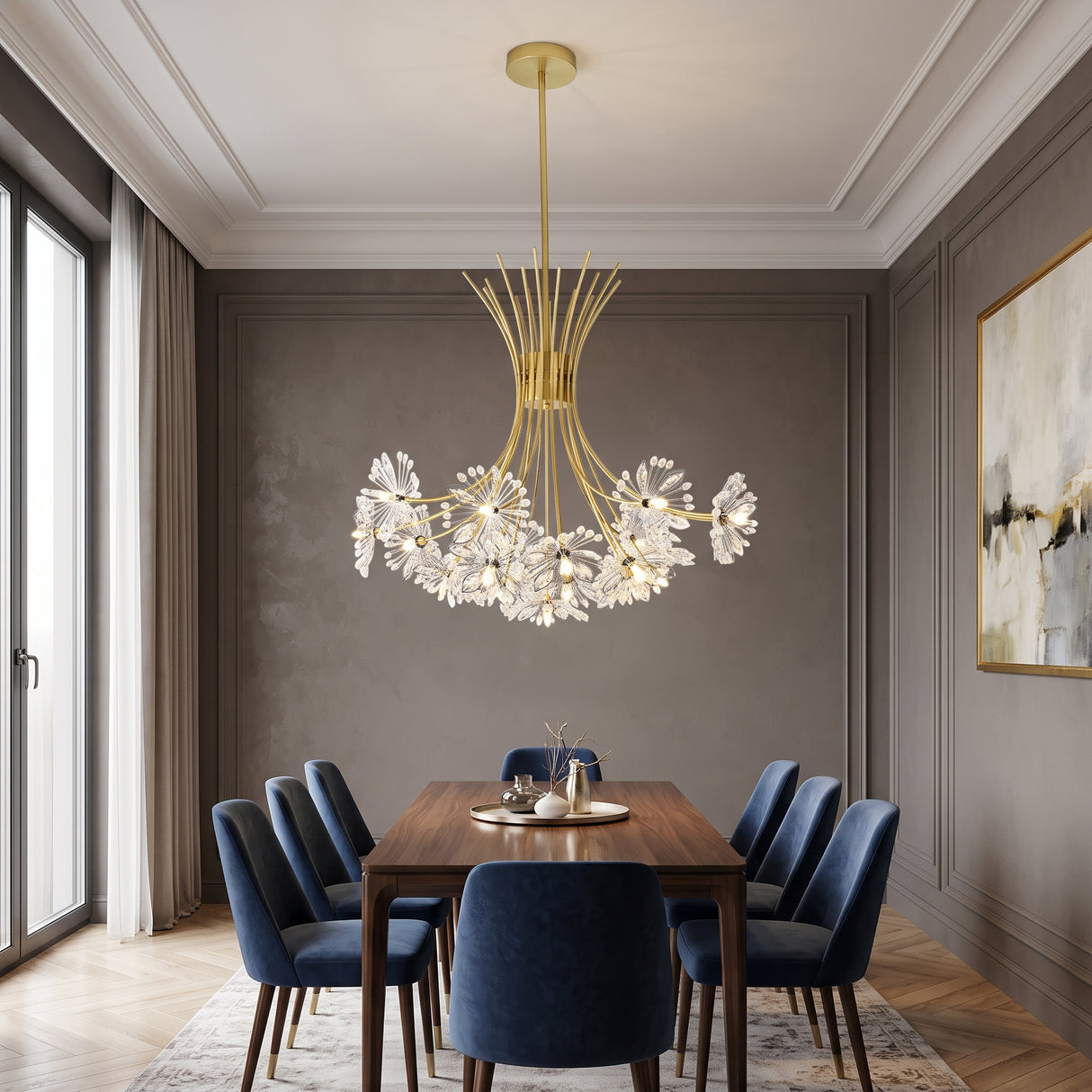 Gold sputnik dandelion crystal glass LED chandelier on a plain background
