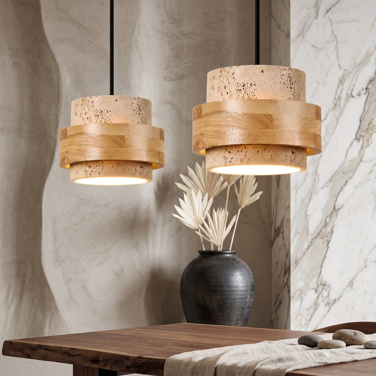 Travertine cylinder pendant light with wood band, two heads, studio