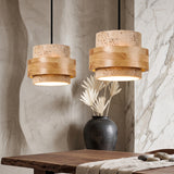 Travertine cylinder pendant light with wood band, two heads, studio