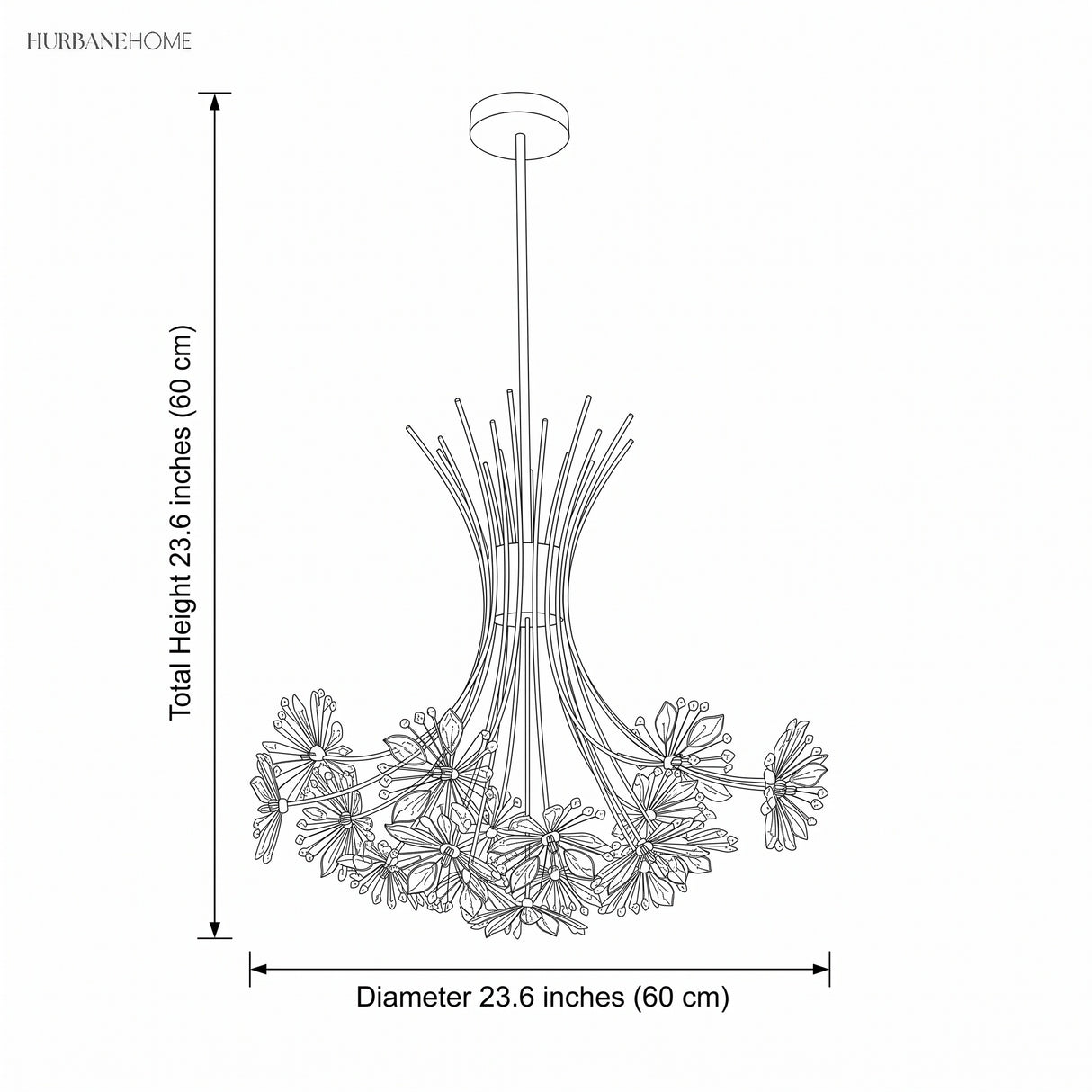 Dimension illustration of the sputnik dandelion chandelier, 23.6 in length and 23.6 in diameter