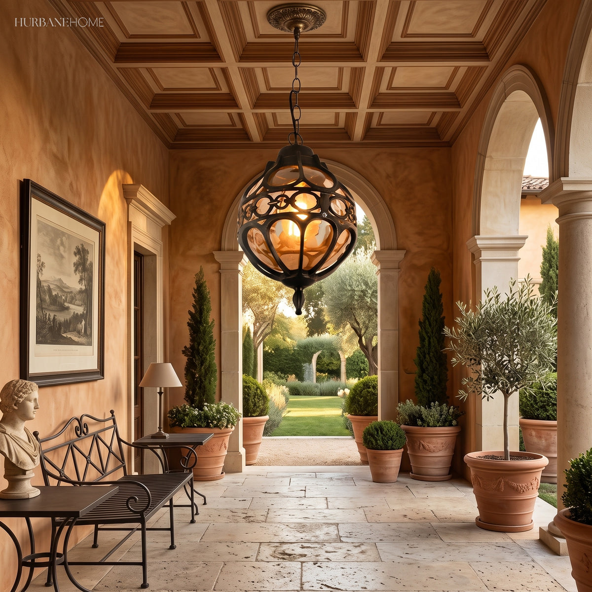 Two caged pendants lighting a covered terrace with timber ceiling