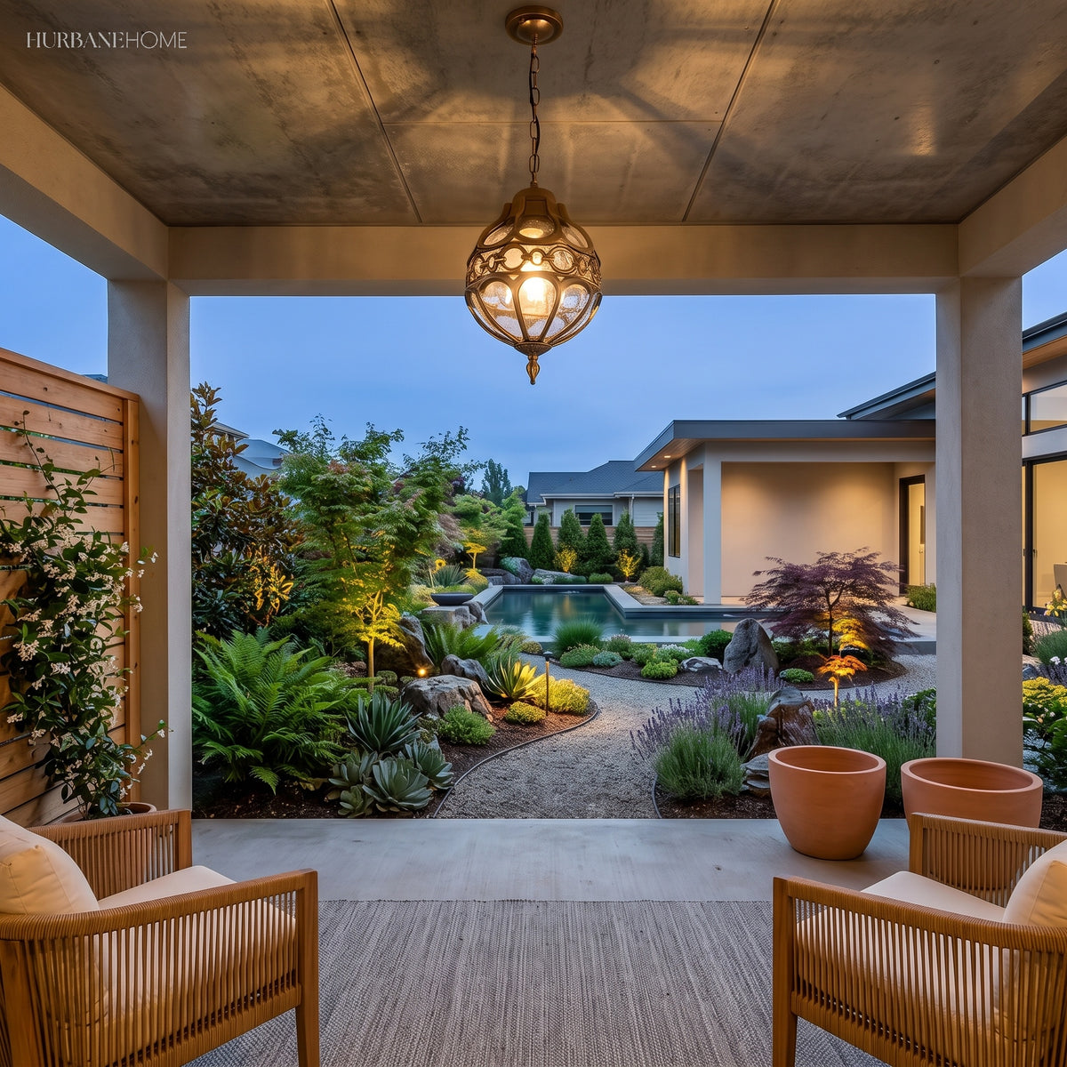 Caged pendant lighting an outdoor dining table under a beamed roof