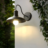 Gooseneck barn light lit on a white render wall beside ivy