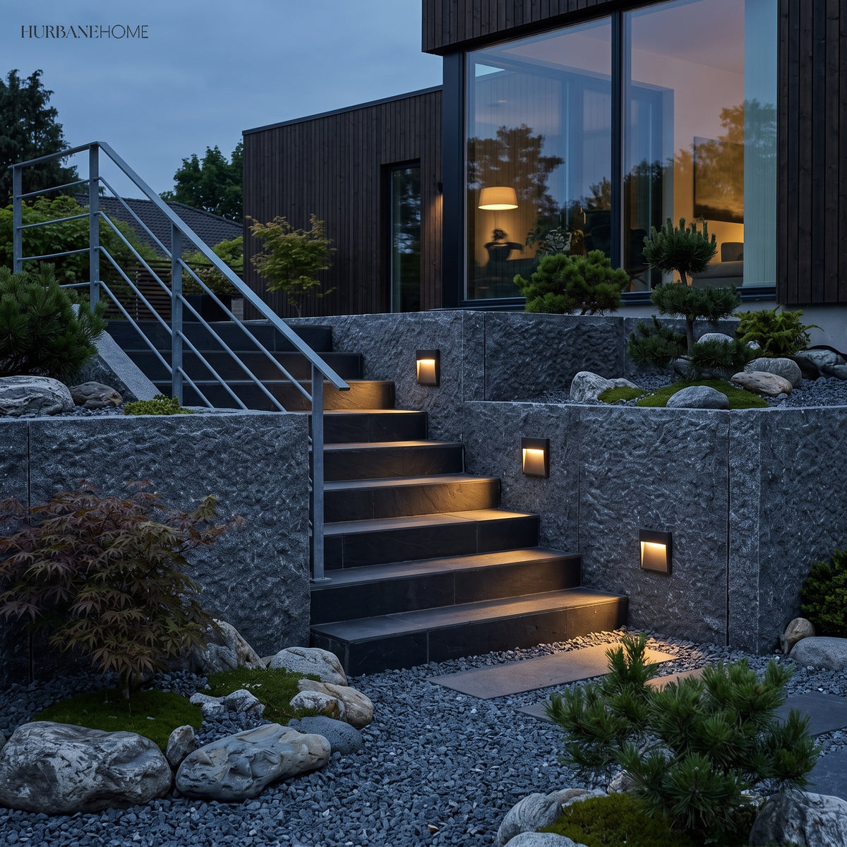 Row of step lights down a long flight of garden stairs