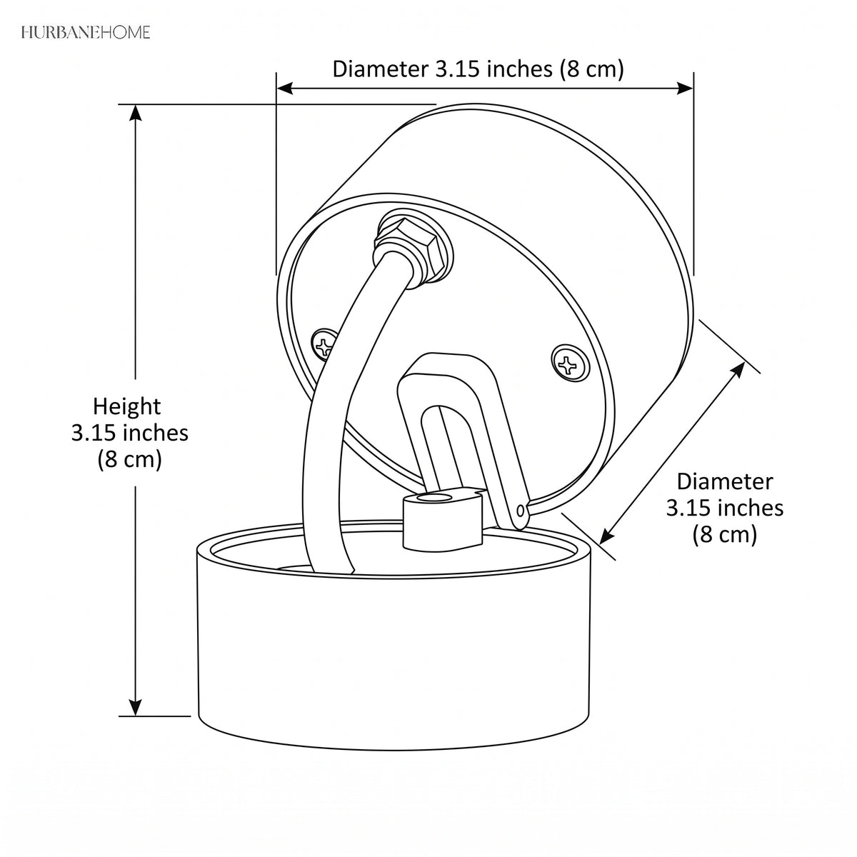 Drawing giving the fixture diameter 3.15 inches and height 3.15 inches