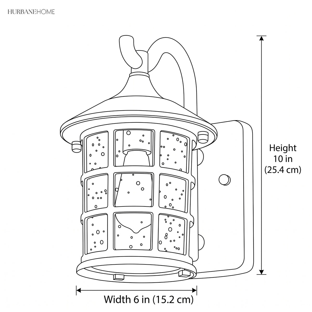 Line drawing of the lantern with height 10 in and width 6 in