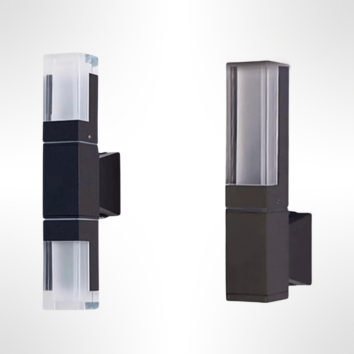 Two prism wall sconces shown side by side with and without a sensor