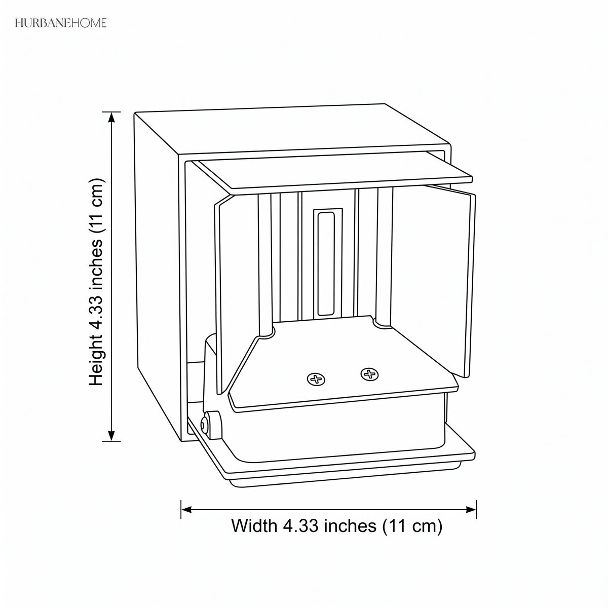Drawing of the cube at 4.33 inches wide and 4.33 inches high