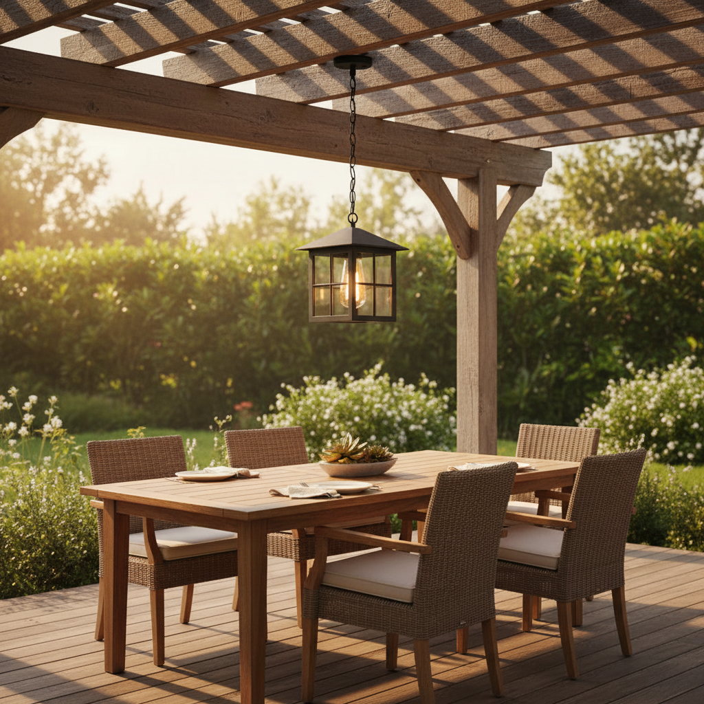 A wooden outdoor dining table with six woven wicker chairs under a pergola, with a hanging lantern light fixture. The scene is set on a wooden deck with a lush green garden background during golden hour.
