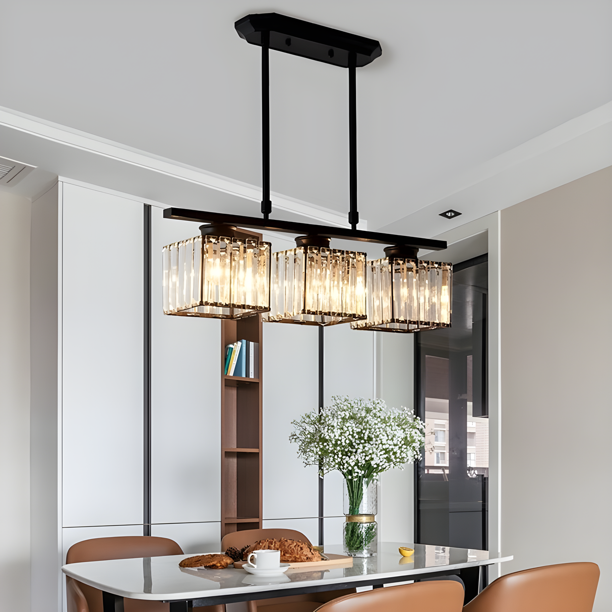 Faceted Glass Kitchen Island Pendant Light on a Linear Bar
