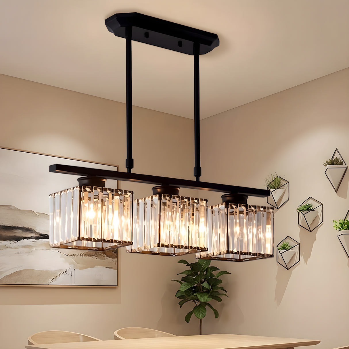 Faceted Glass Kitchen Island Pendant Light on a Linear Bar