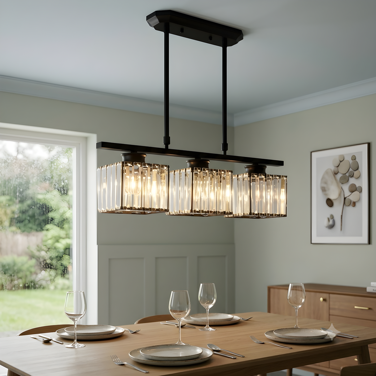 Faceted Glass Kitchen Island Pendant Light on a Linear Bar