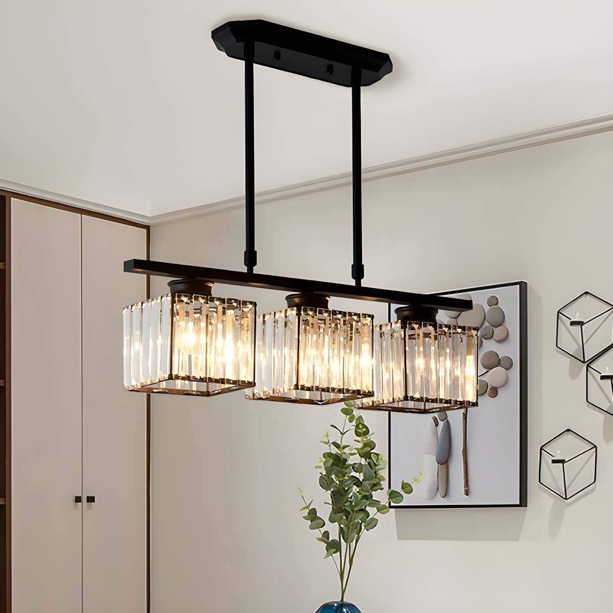 Faceted Glass Kitchen Island Pendant Light on a Linear Bar