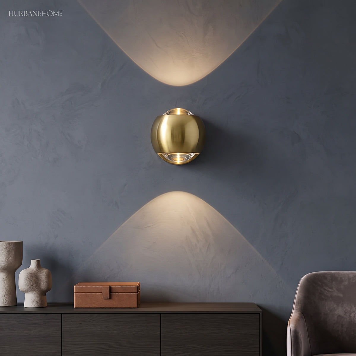 Modern Brass Wall Lamp Jorid Copper LED styled in a room setting