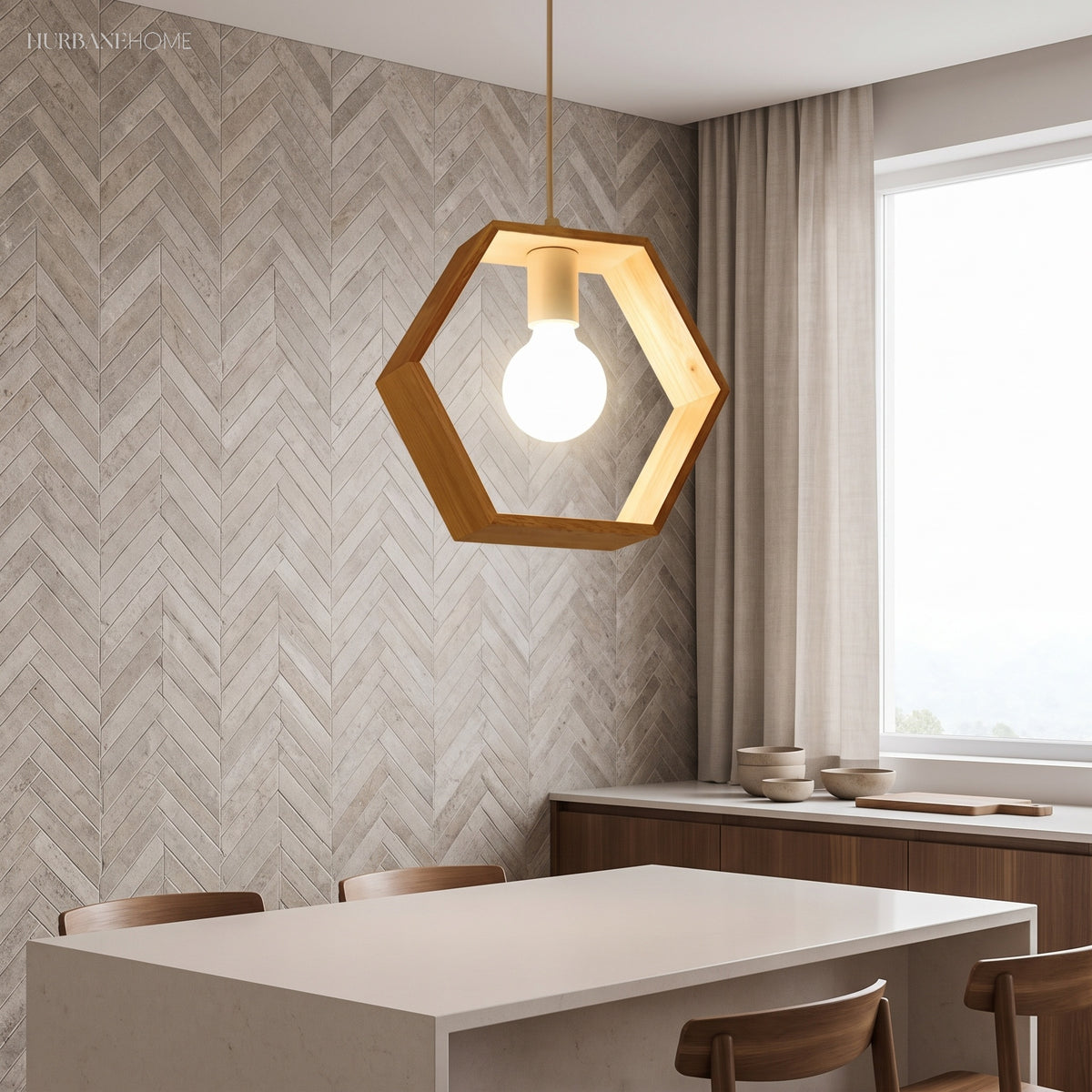 Modern Geometric Pendant Light Asta Wood 1-Light styled in a room setting