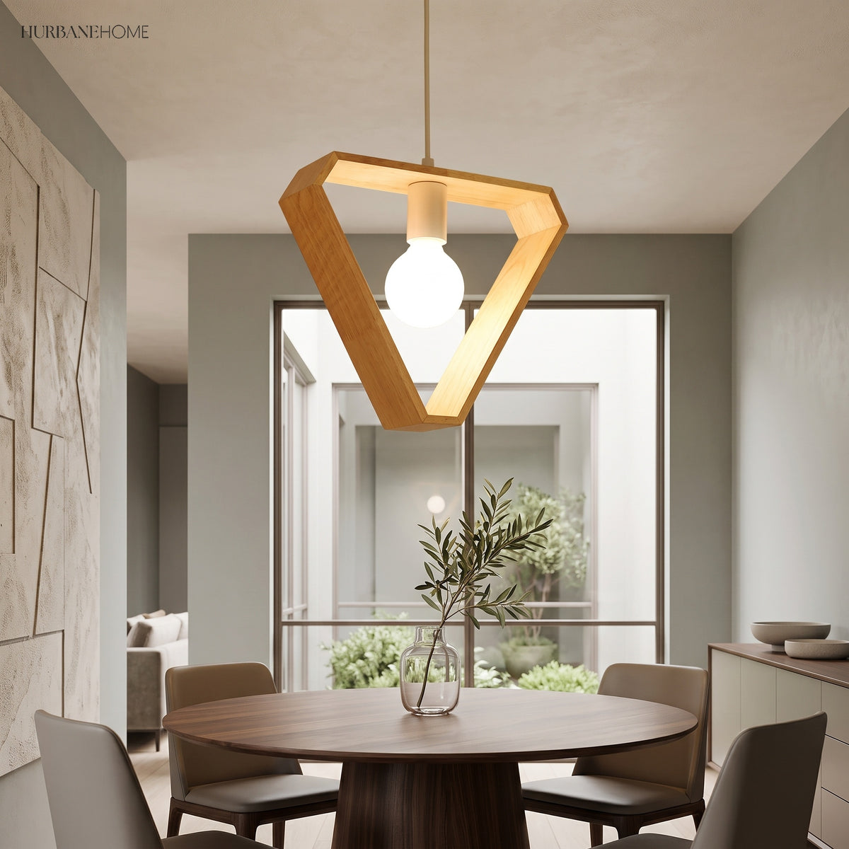 Modern Geometric Pendant Light Asta Wood 1-Light styled in a room setting