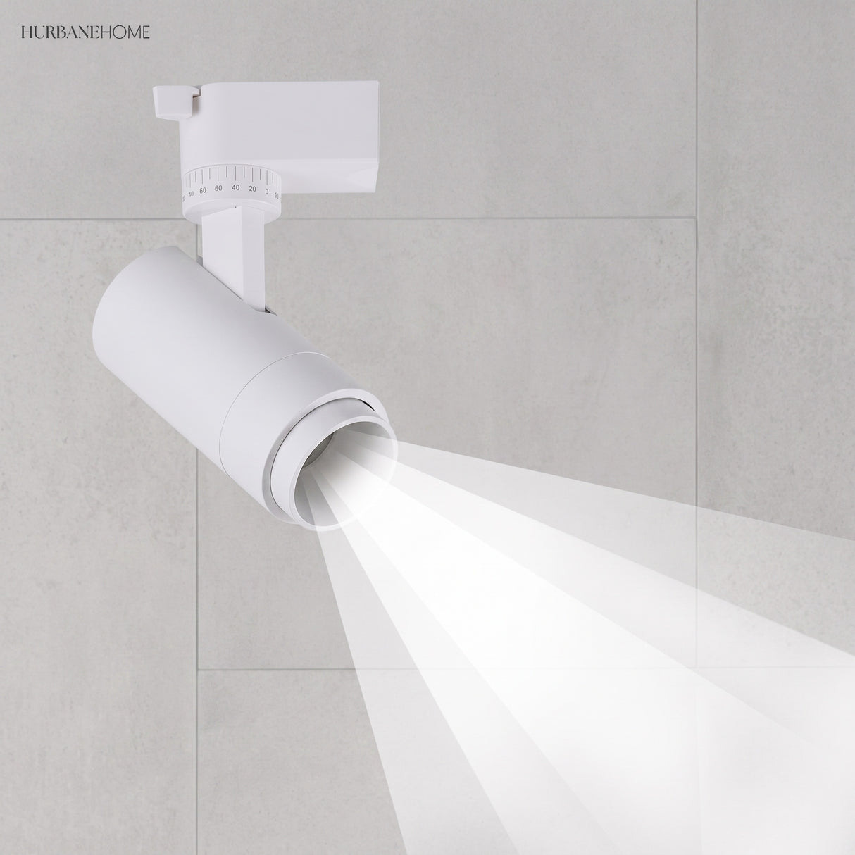 White adjustable spotlight head projecting a crisp downward beam