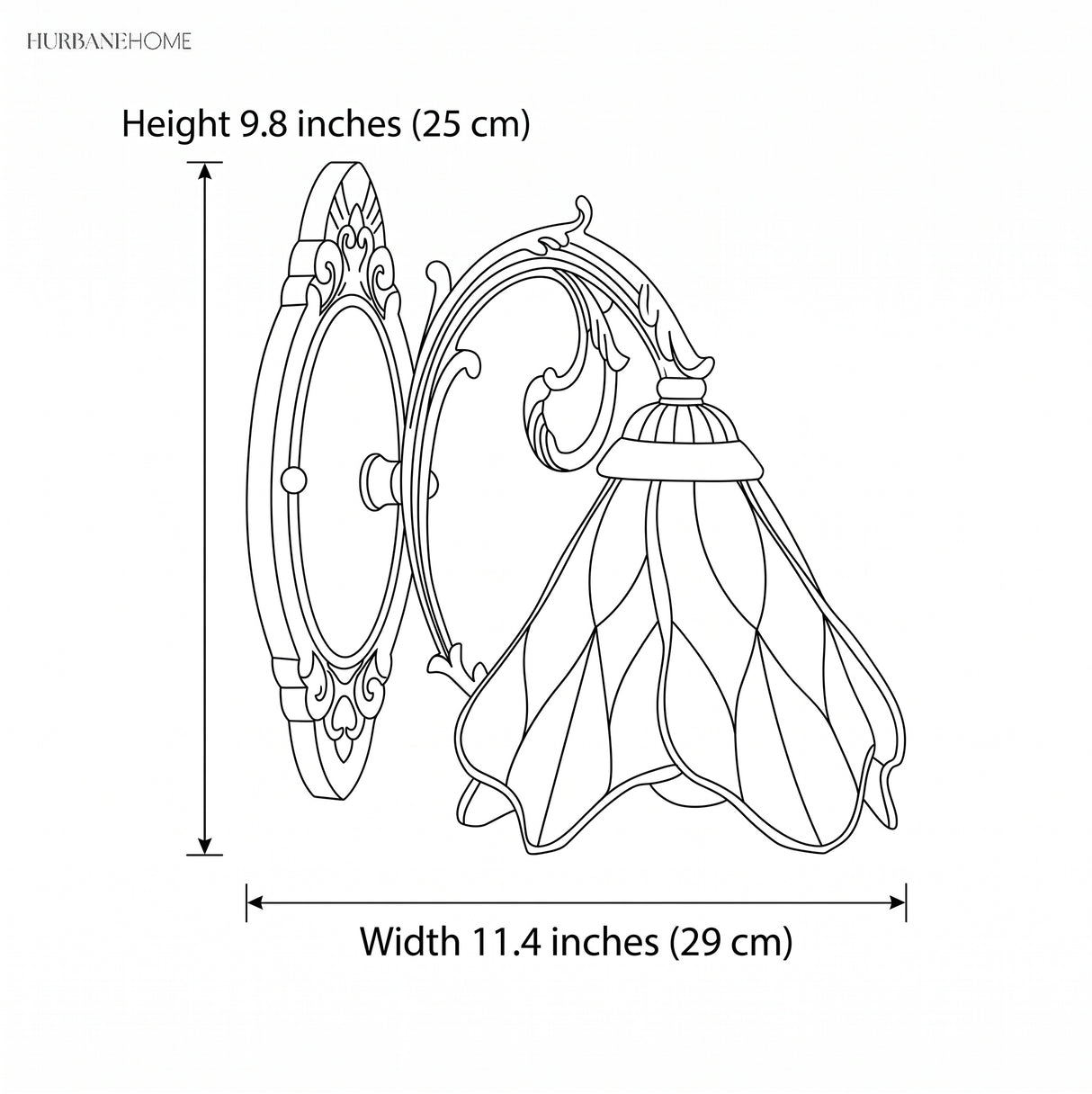 Stained glass petal wall sconce dimension illustration