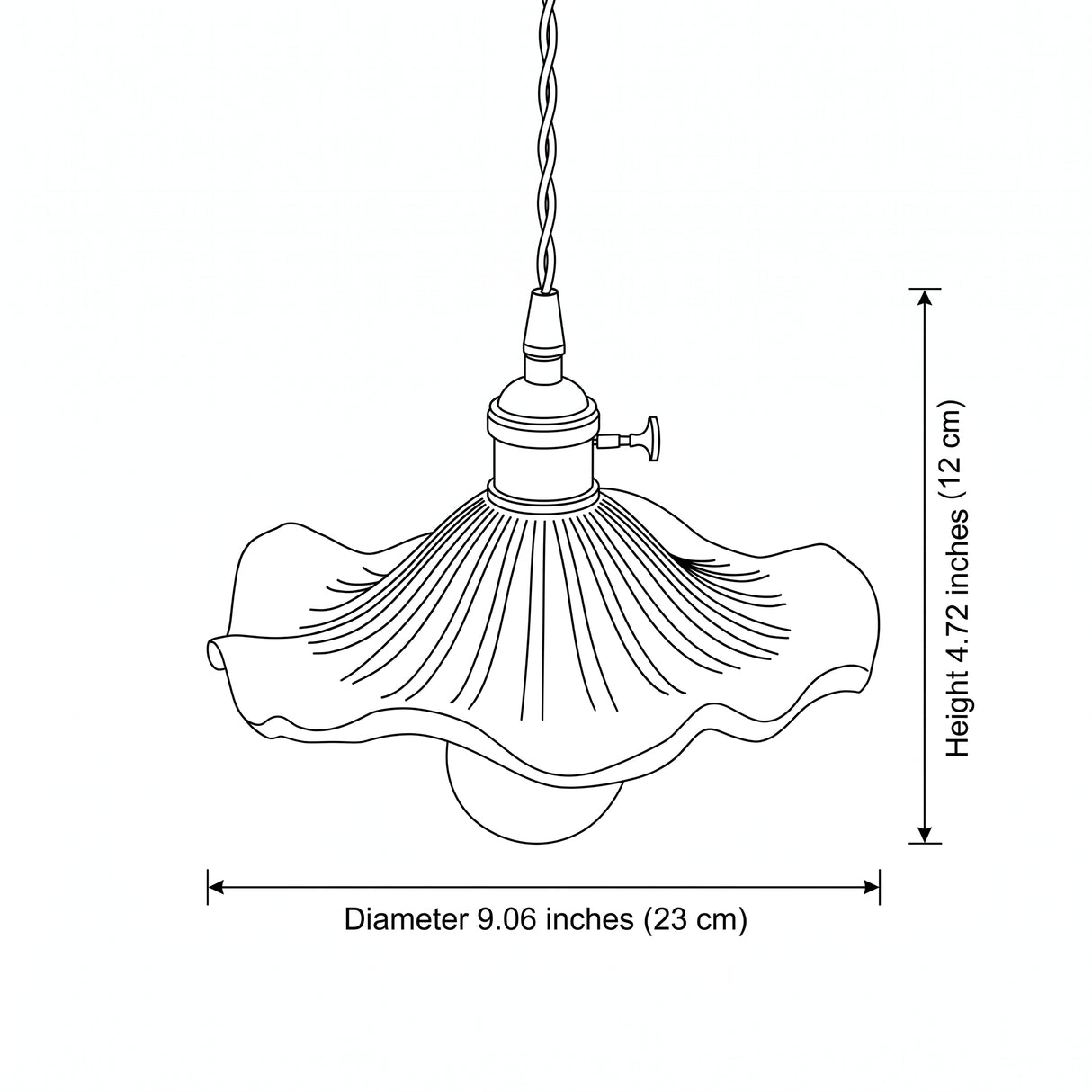 Hibiscus fluted glass pendant light - size and dimension line-art illustration