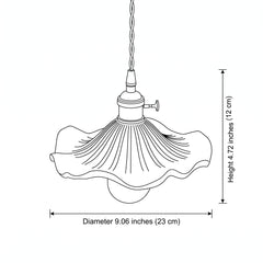 Hibiscus fluted glass pendant light - size and dimension line-art illustration