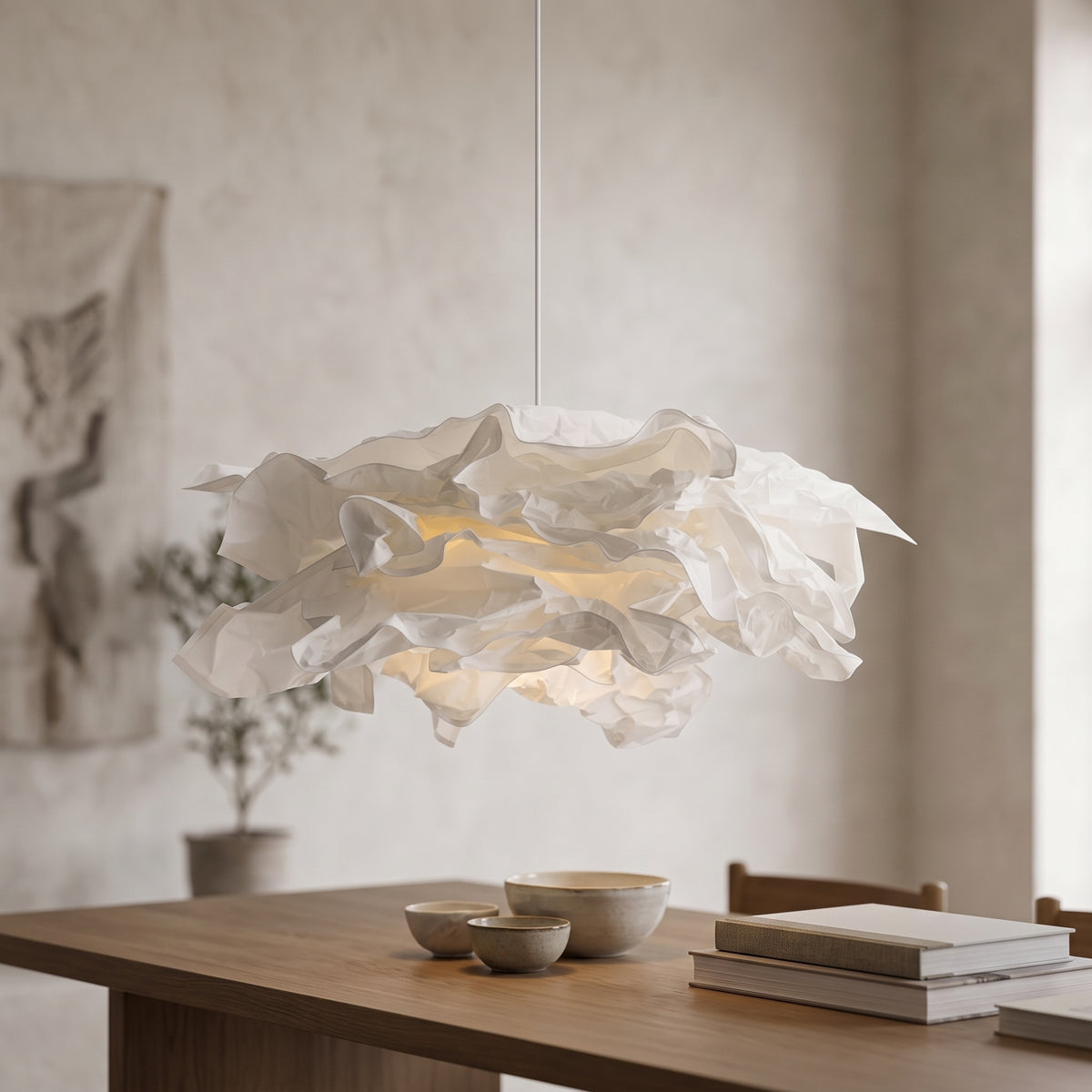 White folded paper pendant light hanging above a wooden dining table