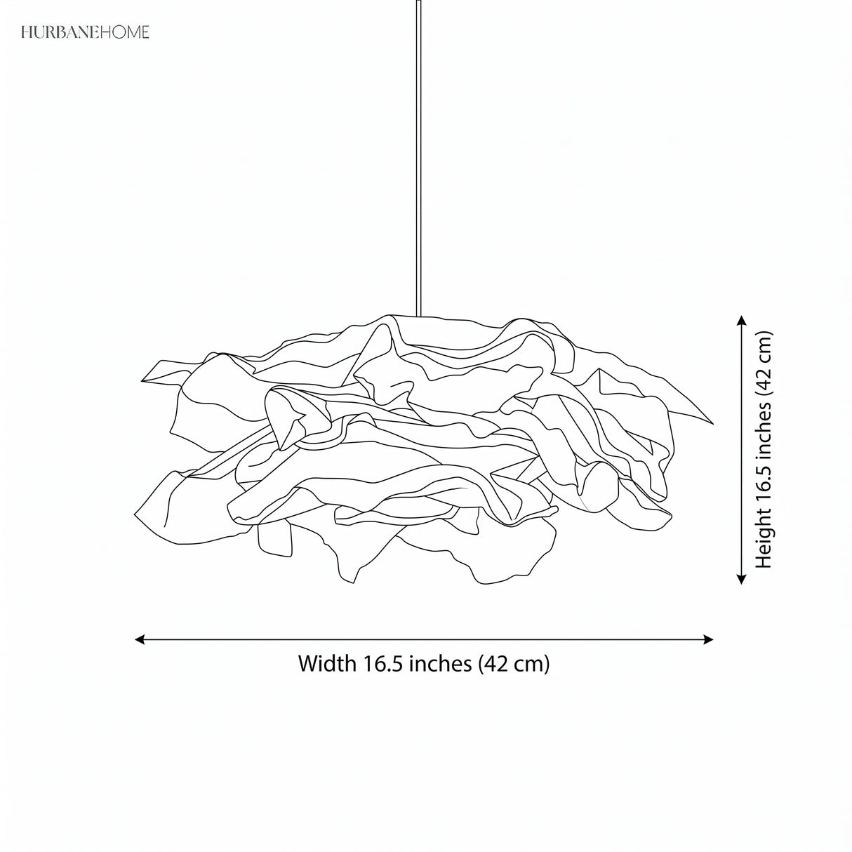 Line drawing of the paper pendant shade marked 16.5 inches wide and 16.5 inches high