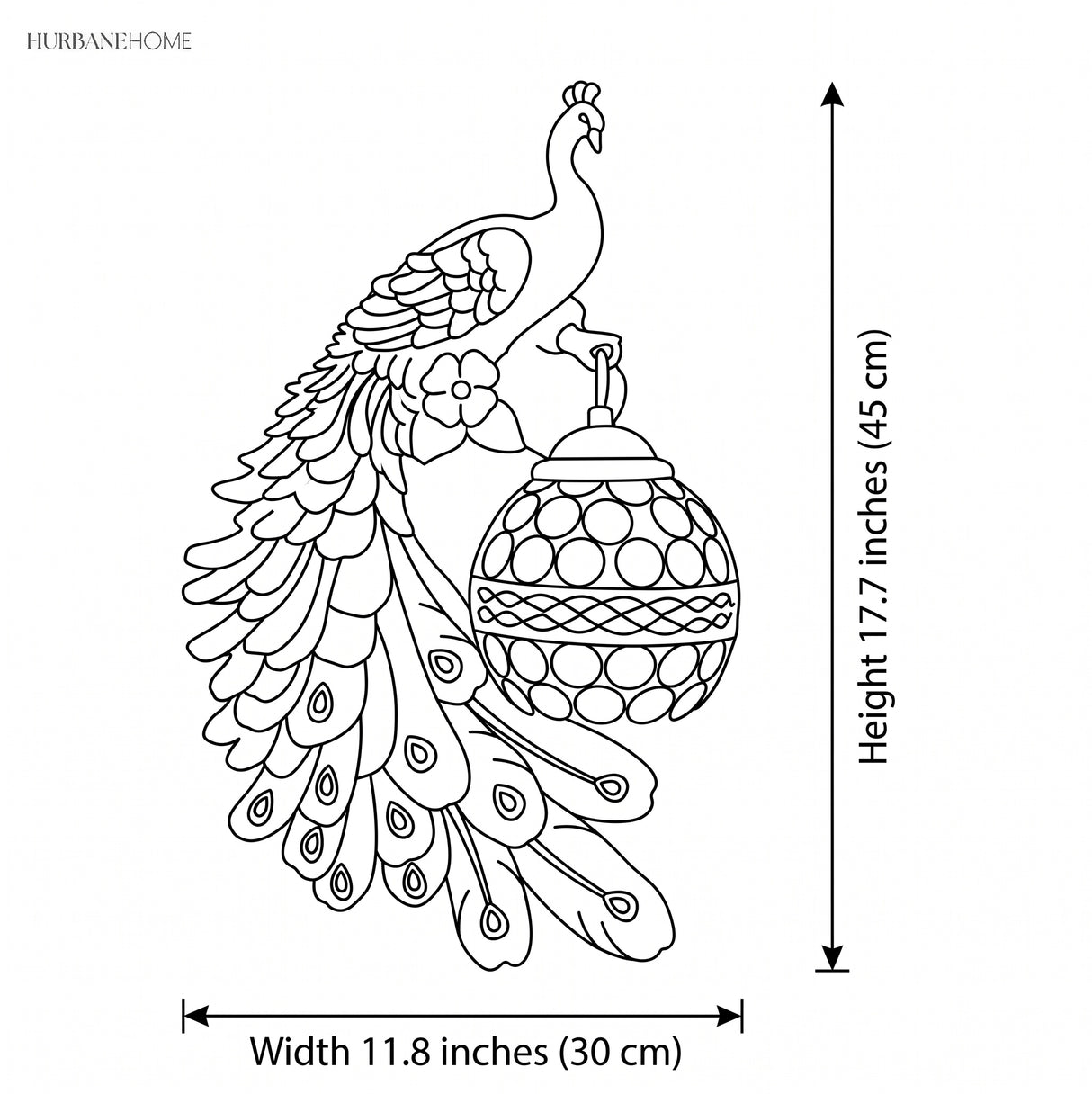 Line drawing of the peacock wall sconce showing 11.8 inch width and 17.7 inch height